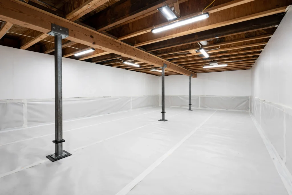 Clean, encapsulated crawlspace with fresh insulation and vapor barrier