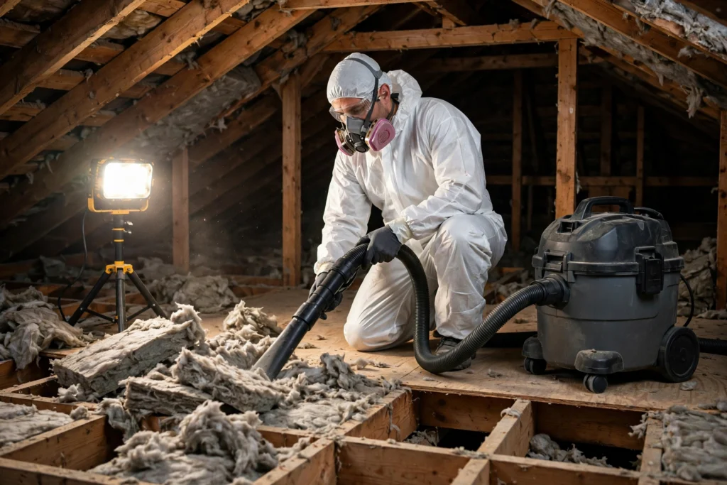 Technician vacuuming out old attic insulation during an insulation removal job