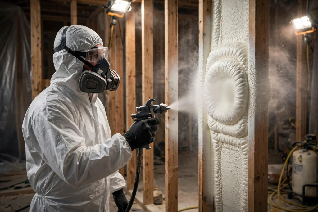 Worker applying spray foam insulation