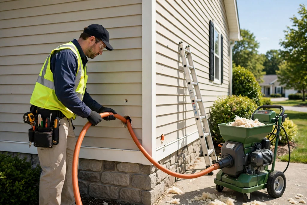 Contractor drilling and filling a wall cavity with blown-in insulation